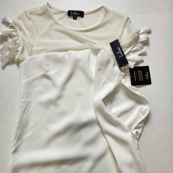 Lulu's NWT Iced Latte Mini Shift Dress XS Ivory Tassel Trim Sheer Inset Party - Picture 5 of 10